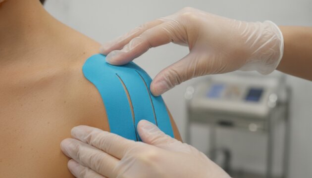 A detailed shot captures a professional applying vibrant blue kinesiology tape to a woman's shoulder, aiming to alleviate muscle discomfort and support recovery