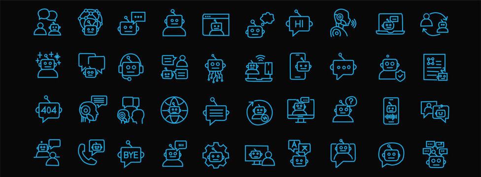 Electric cyan blue technology chatbot and network outline icons on black background, glowing neon style linear database graphics matrix, modern software digital presentation layouts chart