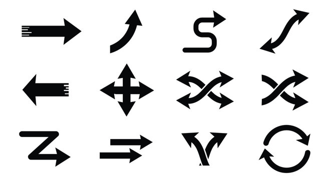 Directional black arrow icons set with straight, curved, and looping pointer vectors.