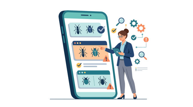 Professional female software tester analyzing mobile application for bugs and quality assurance flat design vector illustration