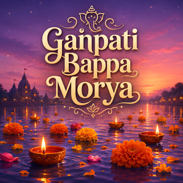 Festive ganpati bappa morya text greeting with floating oil lamps and marigold flowers.