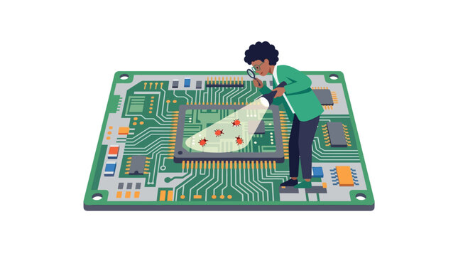 Professional software tester debugging hardware and searching for system errors on a motherboard flat design vector illustration.