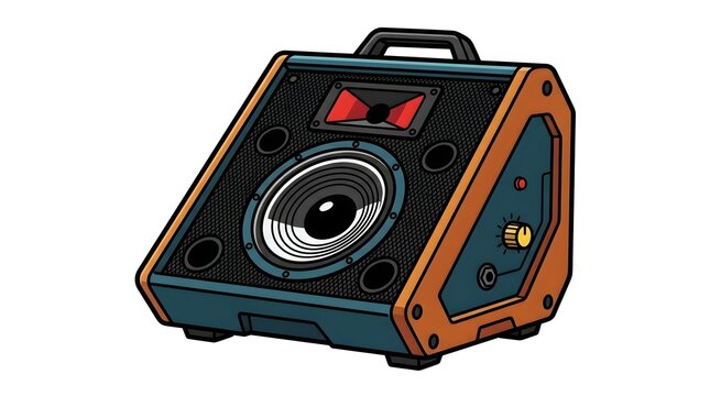 A stylized cartoon vector illustration of an angled stage floor monitor speaker with wooden panels and a black grille, isolated on white.