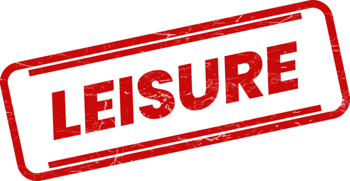 A vibrant red rubber stamp featuring the bold word LEISURE angled on a clean white surface