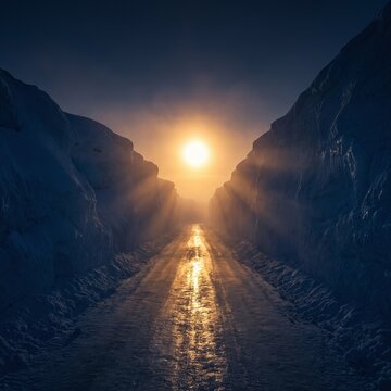 A snow covered road with icy walls reflects bright sun rays during dawn or dusk