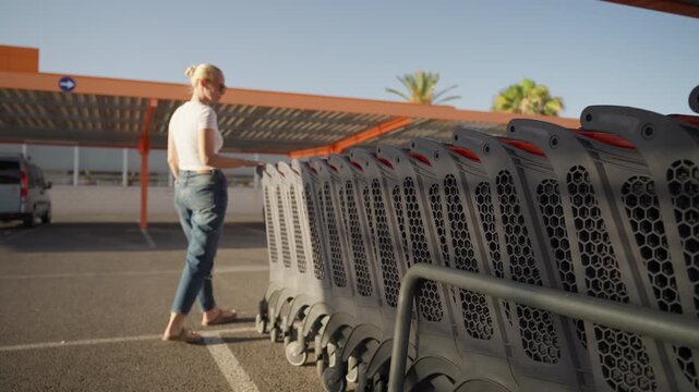 Woman taking shopping cart outside supermarket before grocery shopping. Everyday consumer lifestyle, retail, food shopping and modern shopping routine concept.