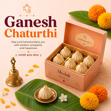 Ganesh chaturthi greeting with modak box, single modak, bell, marigolds, banana leaves.