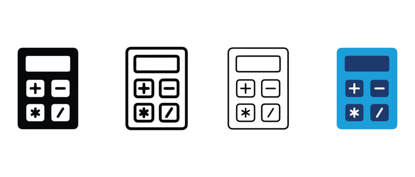 calculator icons in black white and blue on a white background for business and finance concepts  calculators for math and computation