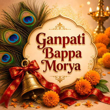 Ganpati bappa morya inscription on decorative plate, peacock feathers, marigolds, bell, lamp.