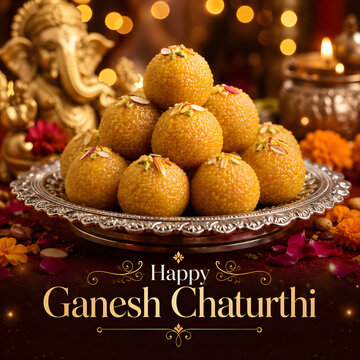Golden laddu sweets on silver plate with diya lamps for ganesh chaturthi celebration home.