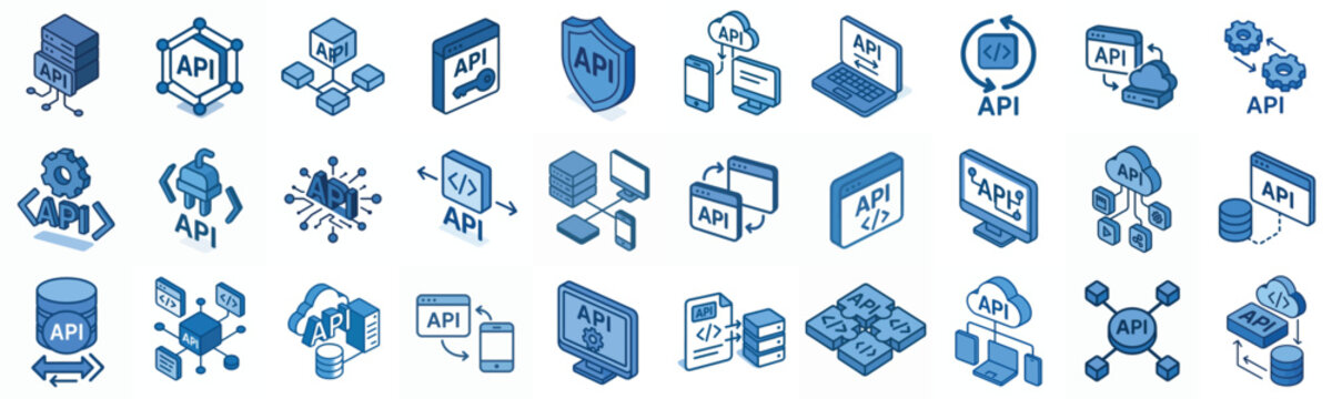 minimalist isometric vector icon API blue