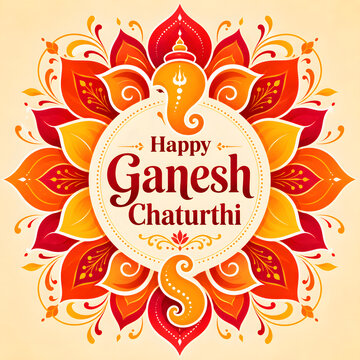 Festive ganesh chaturthi greeting with floral rangoli pattern and lord ganesha silhouette.