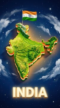3D relief map of India with national flag and glowing text against a starry night sky.