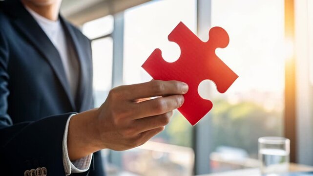 A person in a suit holding a red jigsaw puzzle piece, symbolizing solutions and connection