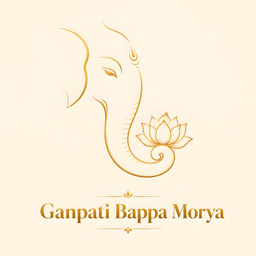 Minimalist golden line art of lord ganesha with blooming lotus for ganesh chaturthi event.
