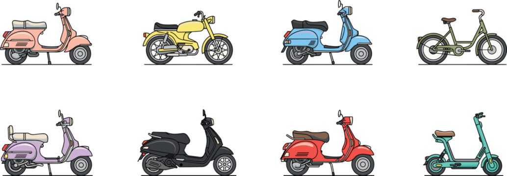 PrintVintage Scooter and Retro Moped Vector Icon Set Featuring Diverse Colorful Motorized Two Wheeler Designs for Transportation and Travel Graphics