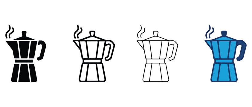 coffee makers with steam rising from the top  coffee maker icons in various colors and line styles for design and illustration purposes