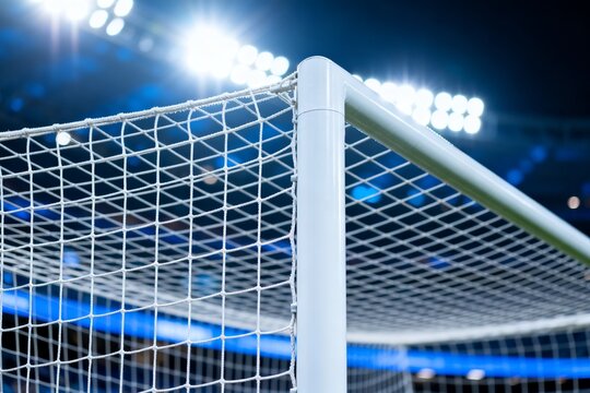 Soccer goalpost net under stadium lights