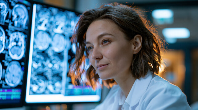 Chronic pain researcher reviewing patient neuroimaging scans mounted on lightboards in a clinical research corridor, annotated symptom diaries and peer-reviewed pain scale studies spread across a ro
