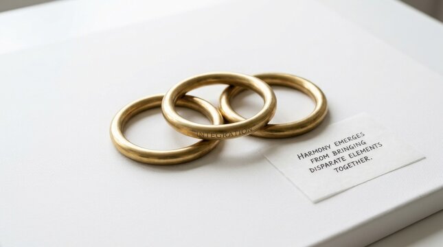 Three interlocking gold rings on a white surface