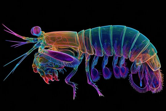 Illustration presents a peacock mantis shrimp in three-quarter view with bright neon colors and a clear black background highlighting its design