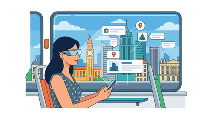 Naklejka premium Young woman wearing AR glasses on a bus viewing digital city data overlays flat design vector illustration.