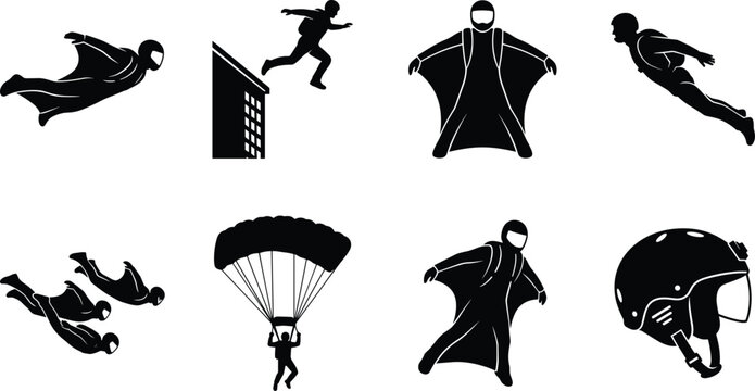 Black Silhouette Vector Set of Wingsuit Flying Base Jumping and Skydiving Icons on White Background (15 words)