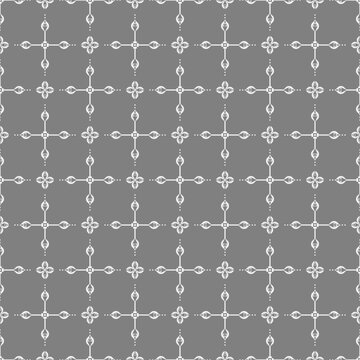 Seamless white pixel folk geometric pattern on a grey background featuring traditional floral and cross motifs. Ideal for fabric, wallpaper, wrapping paper, stationery, and surface design.