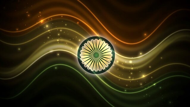 Stylized abstract background with flowing luminous waves in saffron white and green representing Indian flag colors centered with a glowing ashoka chakra.