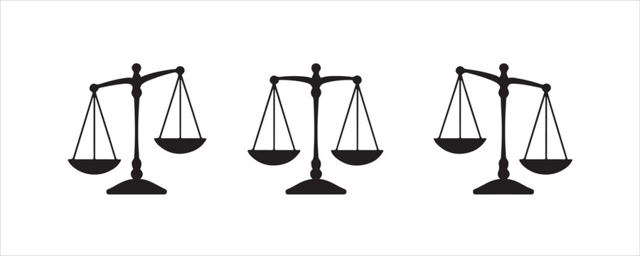Three black silhouette scales of justice icons on white background