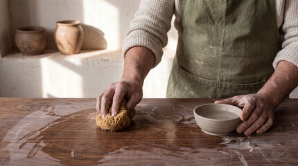 Fototapeta premium Mindful Pottery Cleanup Ritual With Clay Stained Hands