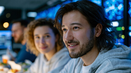Obraz premium Graduate research team gathered around a shared server terminal in a university computing center analyzing terabytes of epidemiological contact network data, takeout food containers and whiteboard-c