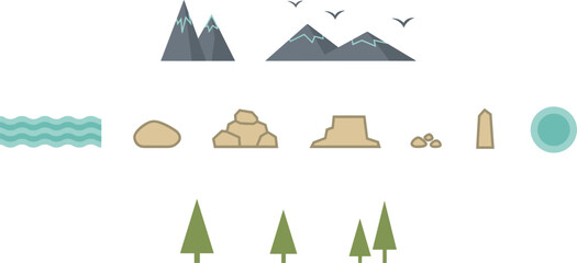 PrintMinimalist Flat Nature Landscape Map Constructor Kit Featuring Mountains Rocks Rivers Pine Trees and Birds Elements for Game Design Infographics © Roshidul