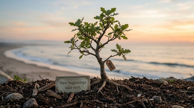 Young oak tree with tag and quote on sandy shore at sunset