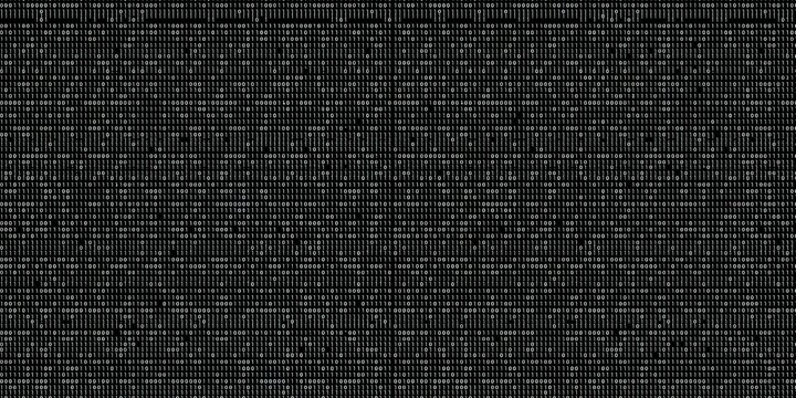 Digital matrix code background with white binary code on black grid, technology concept