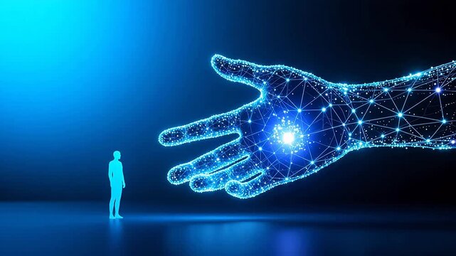 Tiny blue silhouette faces giant glowing wireframe hand
