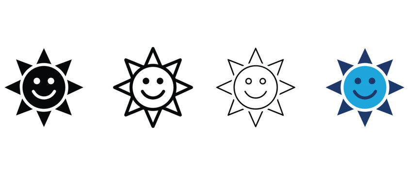 smiling sun icons in black white and blue on white background  simple line art style for web and graphic design