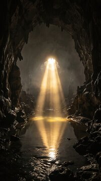 Dramatic light beam shining through a cave ceiling onto water with reflections inside a dark cavern