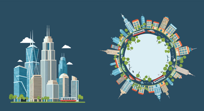 Modern skyscrapers in downtown skyline next to spherical mini globe city over dark blue background vector illustration.