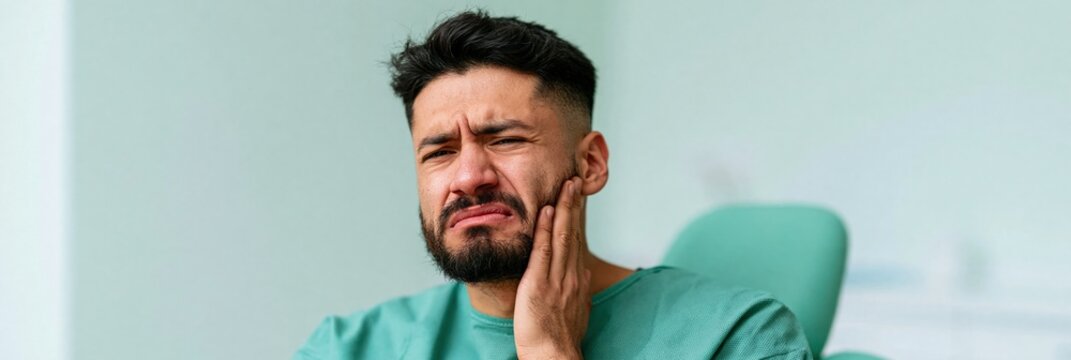 Adult man with toothache in dental clinic touching cheek medical pain panoramic banner for healthcare poster and website