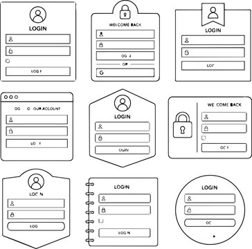 Hand drawn login form templates with password fields and security symbols