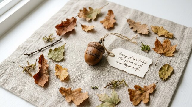 An acorn with a message tag surrounded by autumn leaves
