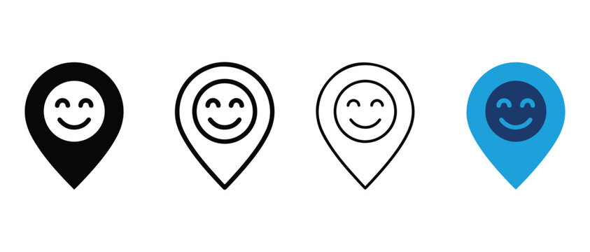 smiling location pin icons in different styles and colors for navigation and mapping services online  location pins with happy faces for user interface design