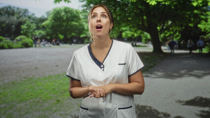 Fototapeta premium Woman with clasped hands looking up in a city park wearing white nurse uniform; surprise curiosity anticipation.