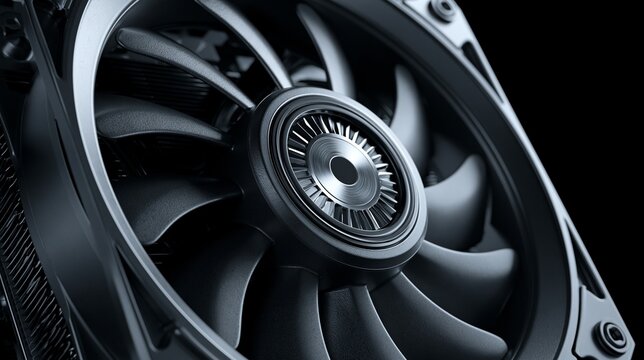 Close medium view of a brushless electric cooling fan module with motorized radiator fan and shroud emphasizing quiet performance and advanced engineering details.