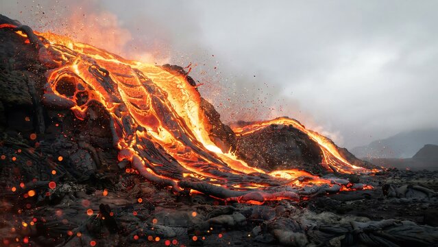 Dramatic wide shot of molten lava flowing down a volcanic slope with fiery orange and red hues against a hazy sky with glowing embers.