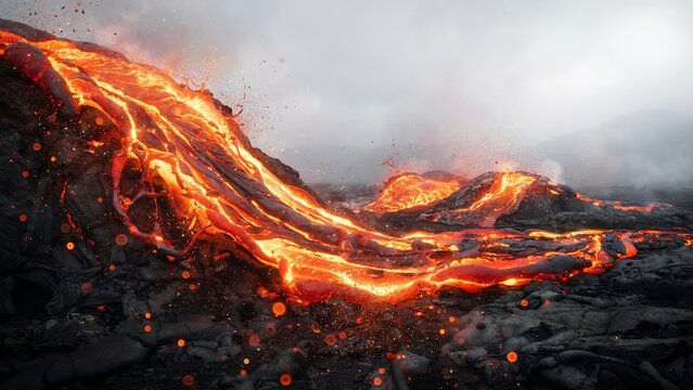 Close up view of burning magma river cascading down rugged volcanic terrain with smoke and glowing sparks against gray overcast sky highlighting intense geological activity process.