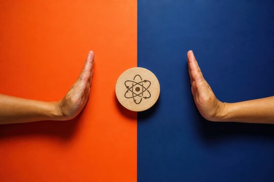 Science concept with atom symbol and hands on split orange and blue background