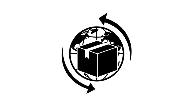 Global shipping and logistics icon with a cardboard box and circular arrows
