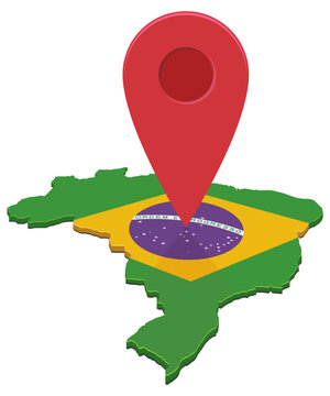 3D isometric map of Brazil textured with national flag and a large red pointer mark representing travel destination, geographic coordinate and localization logistics (cut out)